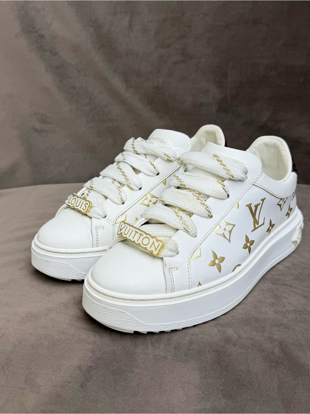 Louis Vuitton White Leather Sneakers with Gold Monogram Accents